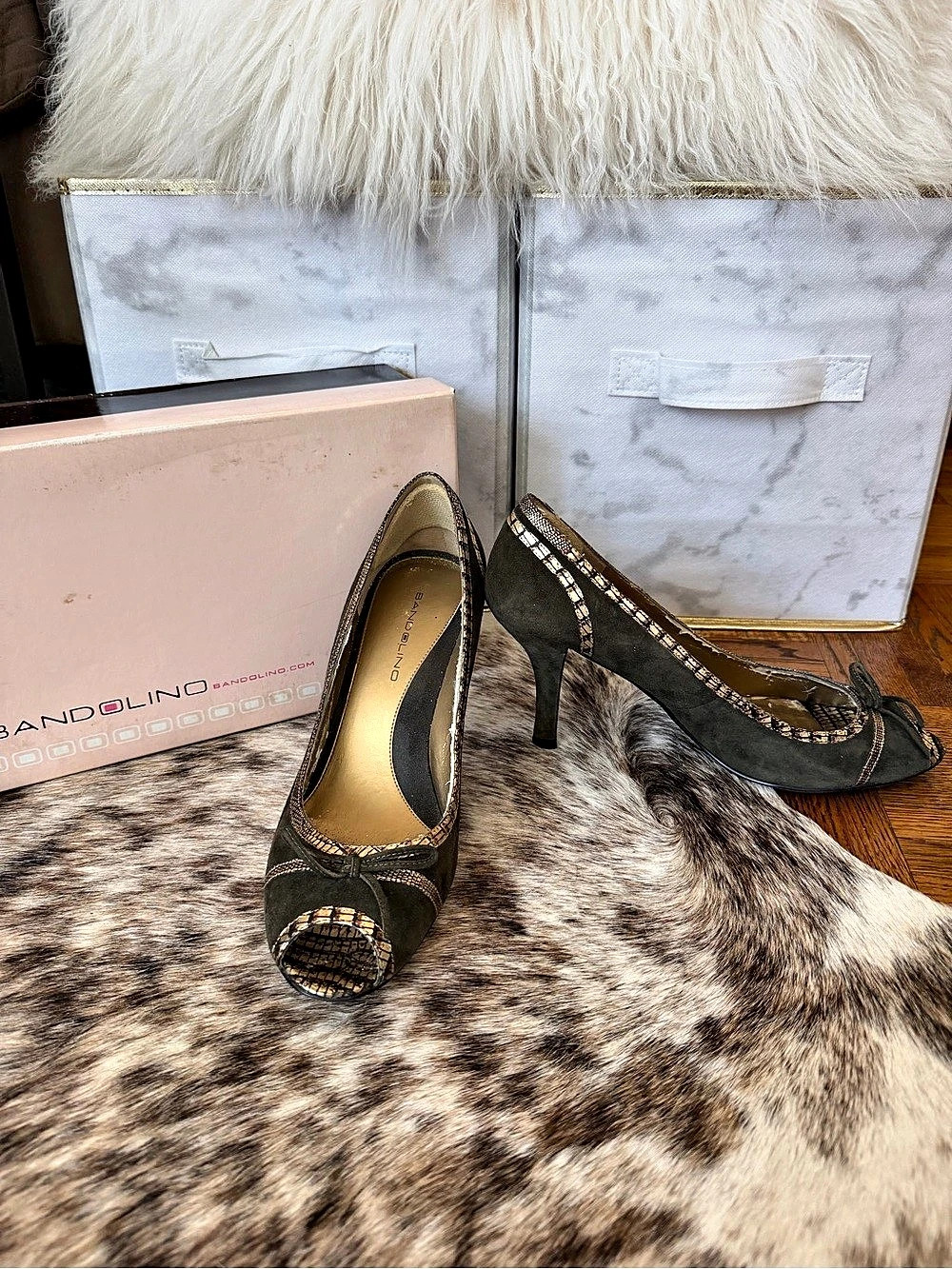 Bandolino Peep-Toe Heels – Olive Green Suede with Textured Trim